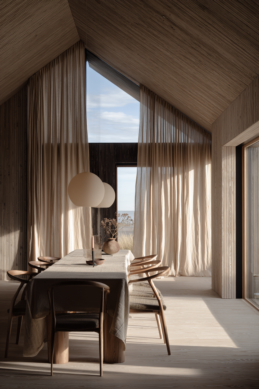 A contemporary wooden home featuring expansive glass panels