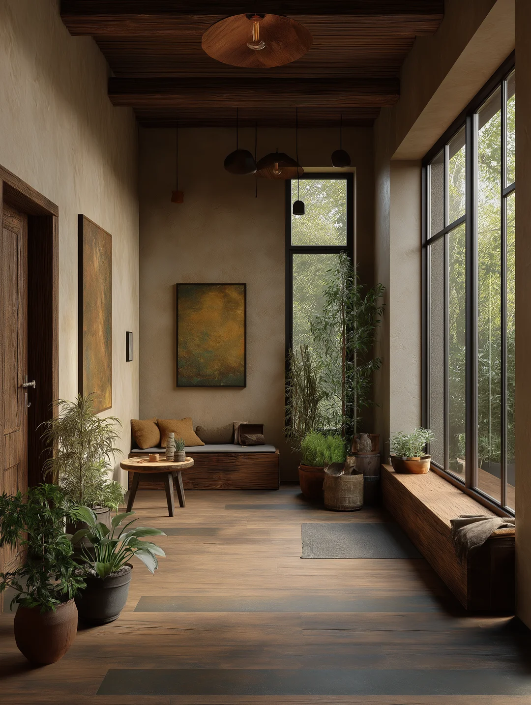 A modern wooden house with large glass windows overlooking a serene landscape