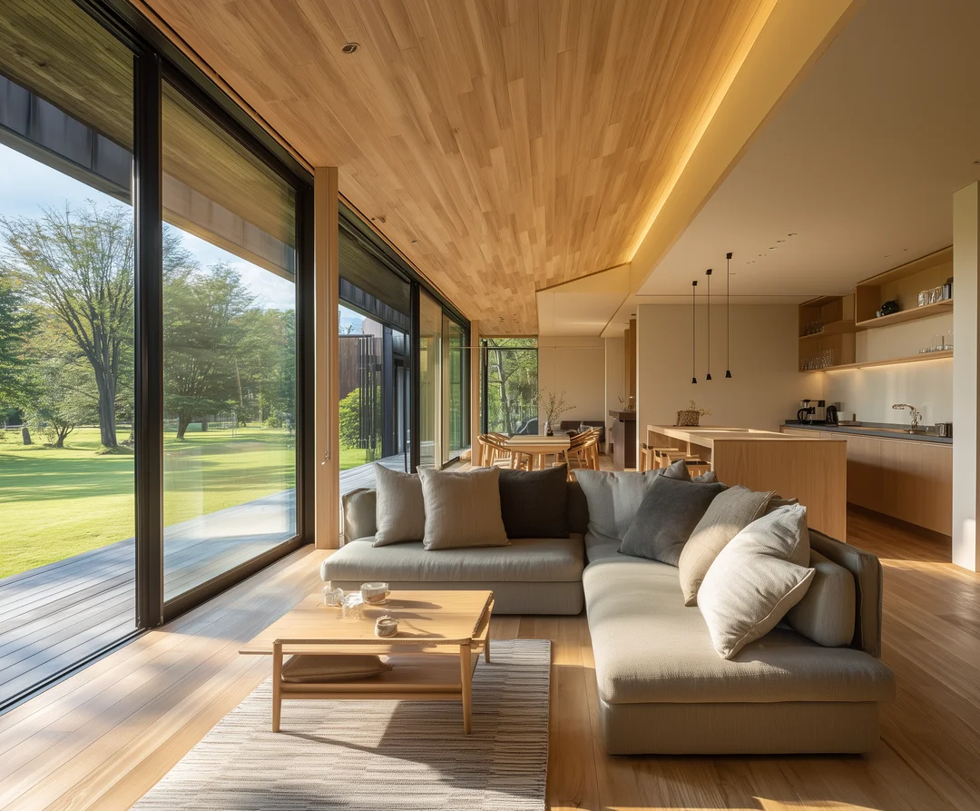 A detailed shot of a polished wooden wall in a sunlit interior