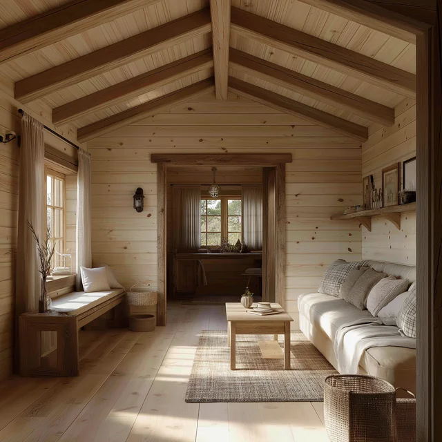 An inviting image of a wooden home nestled in nature